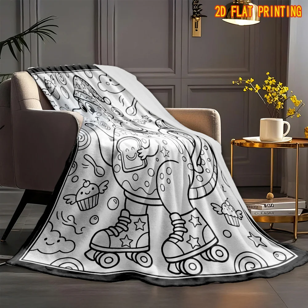 Kids Coloring Throw Blanket Cute Dinosaur Teapot Cupcake Cartoon Sketch Graphic Print Soft Flannel Living Room Couch Decor Gift