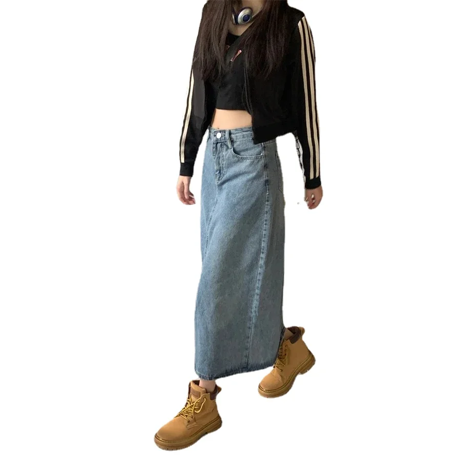 Jeans Skirts Saia Jeans De Fenda Azul Vintage De Cintura Alta Feminina Comprimento Médio Fenda Estilo Rua Fina Nova Primavera