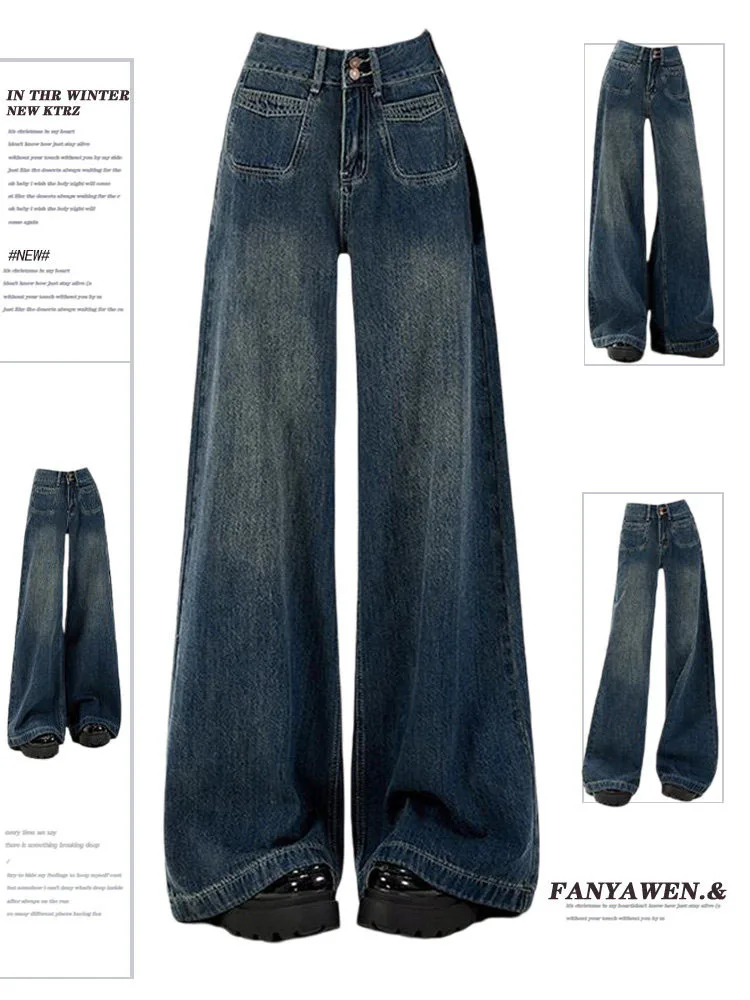 

Retro Wide Leg Denim Jeans Women Summer Loose Bf Lazy Style plus Size Pear Shape Slimming Pants High Waist Casual Cotton Blend