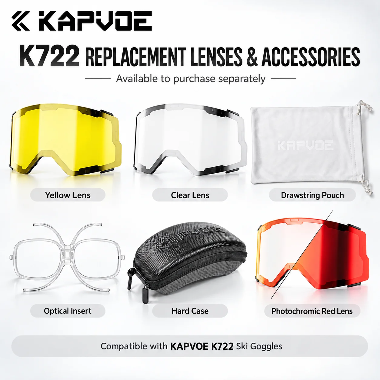 Kapvoe K722 Replacement Lenses Photochromic Snow Goggles Full Red Blue Green Lens Winter Sports Eyewear Frame Magnetic Lenses