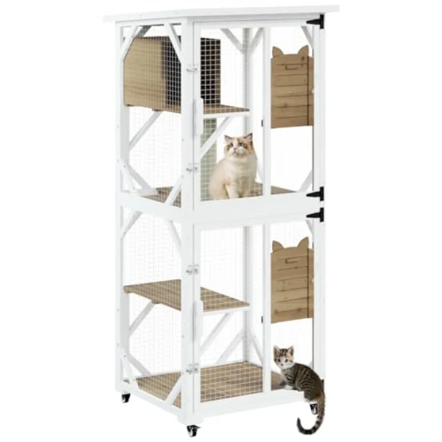 71 Coffret d'extérieur pour chat sur roulettes avec grand patio en bois, design Catio, comprend un tirette de toit étanche et confortable.