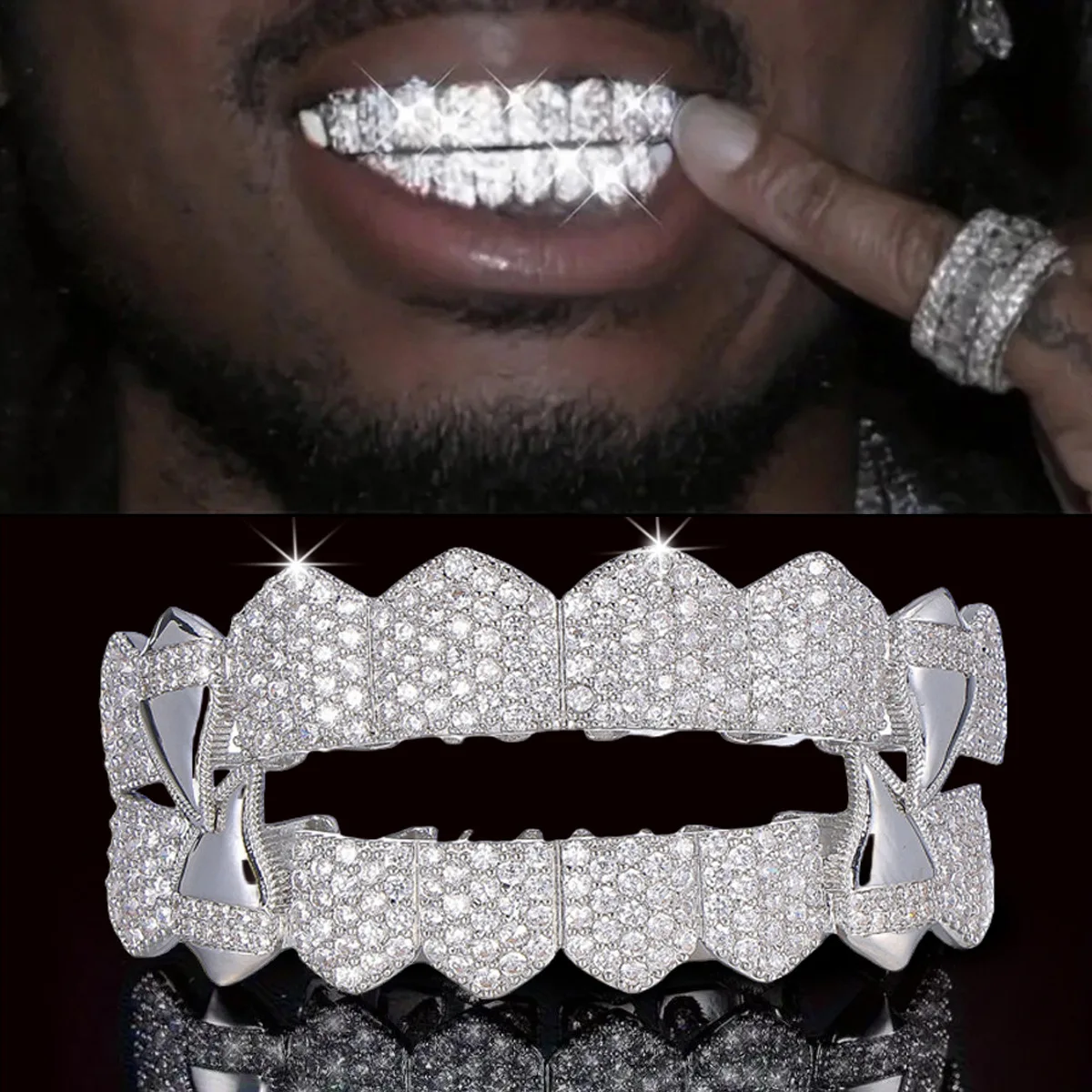 RACHELZ Mixed 8/8 Top Bottom Iced Out CZ Stone Teeth Grills Hip Hop Shiny Zircon Tooth Caps For Women Men Jewelry Fangs Gift