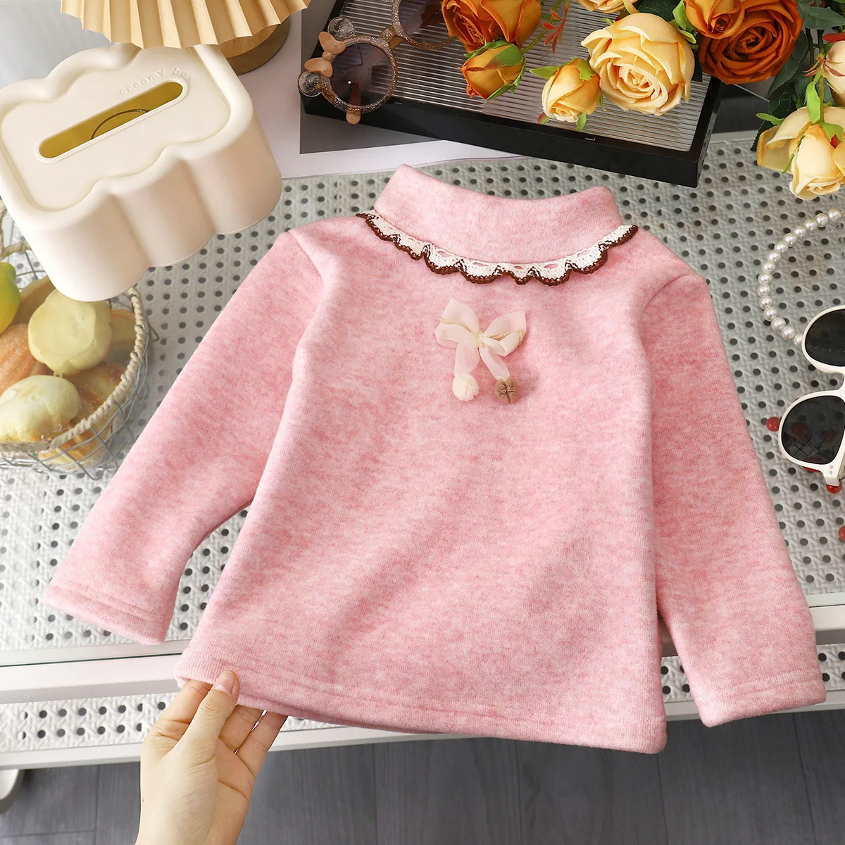 

Baby Boys Girls Casual Solid Bowknot Turtleneck T-shirt Tops Children's Long Sleeve Autumn Winter Warm Leisure T-shirts Clothing