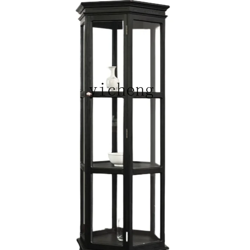 ZC Antique Display Cabinet Hexagonal Pewter Solid Wood Glass Wine Cabinet Retro Living Room Household Showcase