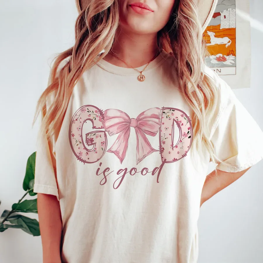 Women's Cotton Short Sleeve T-shirt 'God Is Good' Graphic Christian Jesus Bible Verse Bow Print Female Christian Clothing