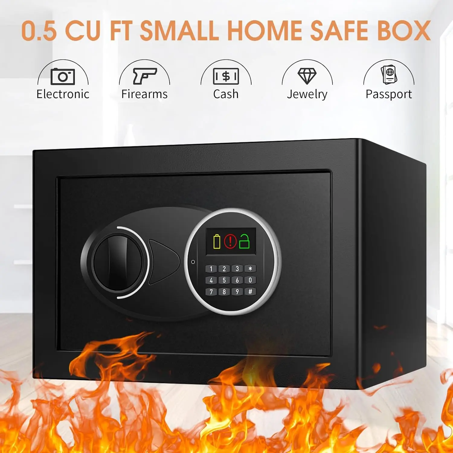 1.0 Cubic Feet Lock Box Fireproof Waterproof, Digital Home Security Safe with Programmable Keypad Lock and Spare Keys