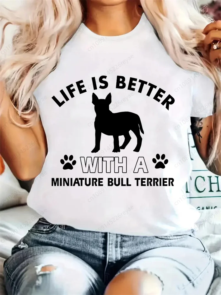 レディースTシャツ ブルテリアプリント クルーネックTシャツ ヴィンテージTシャツ 女性用Tシャツ Y2Kトップ 半袖トップ カジュアルTシャツ