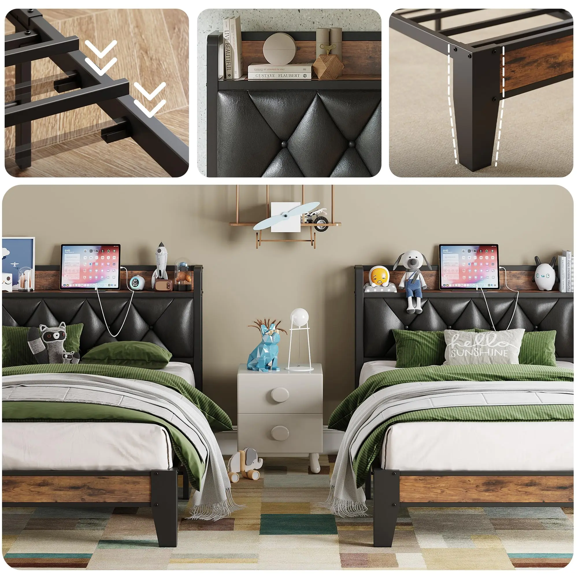 ANCTOR Bed Frames, Twin Queen CaliforniaKing Size Storage Headboard Outlets Easy Install Sturdy Stable, No Noise No Box Springs