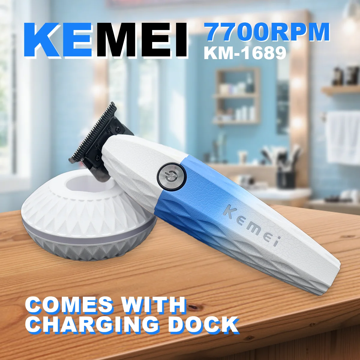 KEMEI KM-1690 Hair Trimmer for Men DLC T-Blade 7700RPM 10W with Base Charger 1600mhA Professional Barber Machines for Trimming