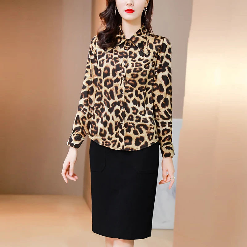 Spring Summer Vintage Leopard Print Casual Fashion Blouse Lady Long Sleeve Top Loose All-match Streetwear Cardigan Shirt Women