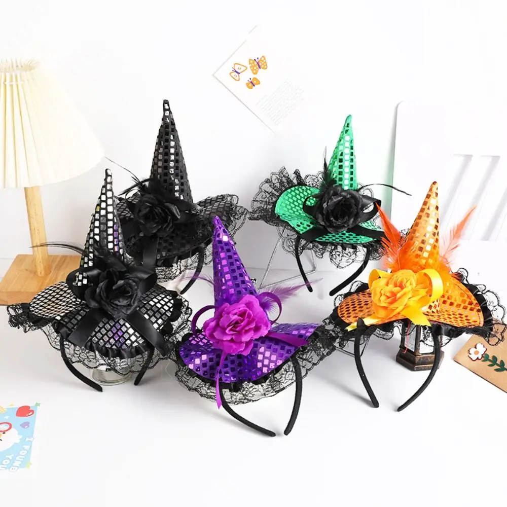 Halloween Colorful Cloth Hair Hoop Party Witch Hat Headdress Cartoon Sequin Kids Dressing Up Props Trick or Treat Headwear