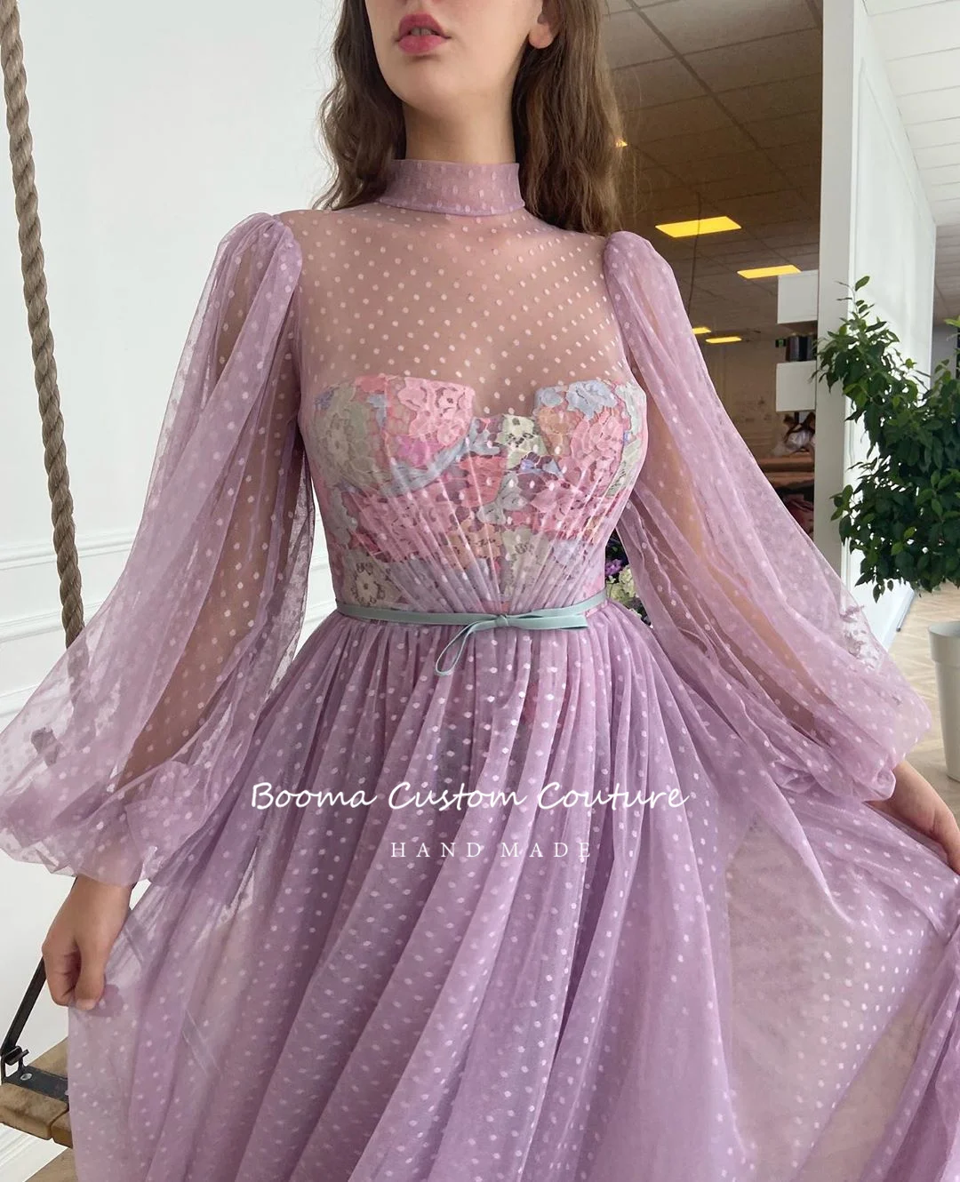 Lavender Tinggi Leher Prom Gaun Lengan Panjang Polka Dots Tulle Teh-Panjang Gaun Malam Warna-warni Appliques Formal Pesta Busana