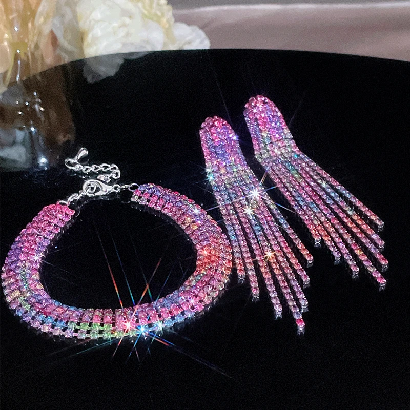 2024 New Luxury Crystal Bridal Jewelry Set Silver Plated Rhinestone Bracelet and Earrings Tassel for Women Wedding Accessories