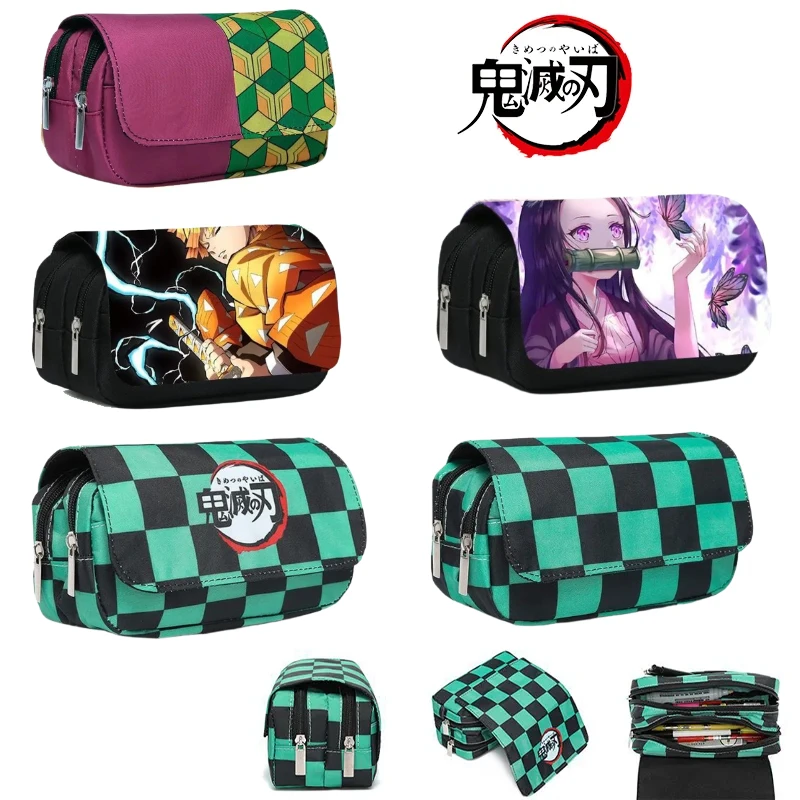 

Anime Pen Bag Student Tanjirou Nezuko Zenitsu Giyuu Storage Bag Cartoon Double-layer High-capacity Pencil Stationery Case Gifts
