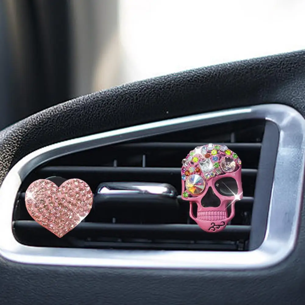 Skull Car Accessories Personalized Auto Trim 2 Pcs Rhinestone Skull Heart Car Air Vent Clips Shiny Dashboard Trim Ornaments