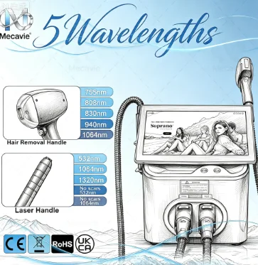 Mecavie 2IN1 Diode Laser Picosecond Machine 5000W 5 Wavelengths 10 Bars FAC Sapphire Cooling Permanent Hair Removal Tattoo Remov