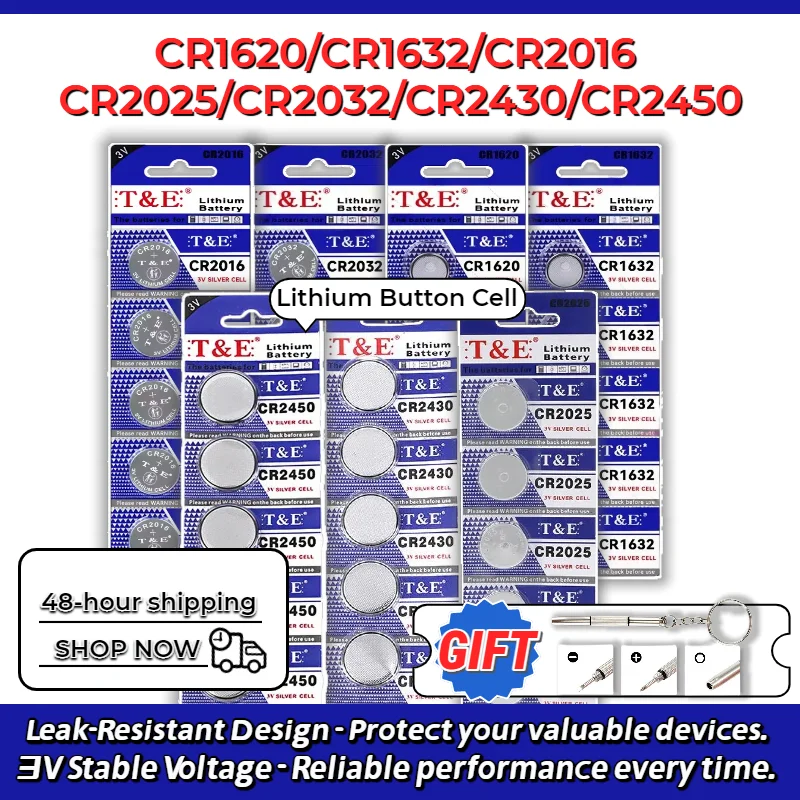 

5PCS CR1620 CR1632 CR2016 CR2025 CR2032 CR2430 CR2450 Button Cell Lithium Batteries, Widely Used for Watch Car Key Fob