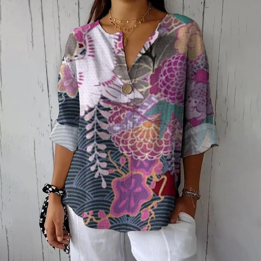 

Women's Loose Casual Shirt, Crew Neck, Purple Contrasting Flower Print, Long Sleeve, New Trendy High-Quality Traf Clothes