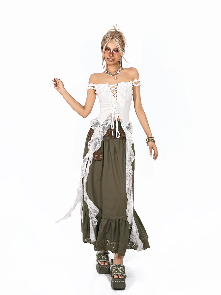 Arielink American Retro Lace Splicing Asymmetrical Fringe Strap Vest Women Hollow out Tie Sexy Top Street Style Short Length
