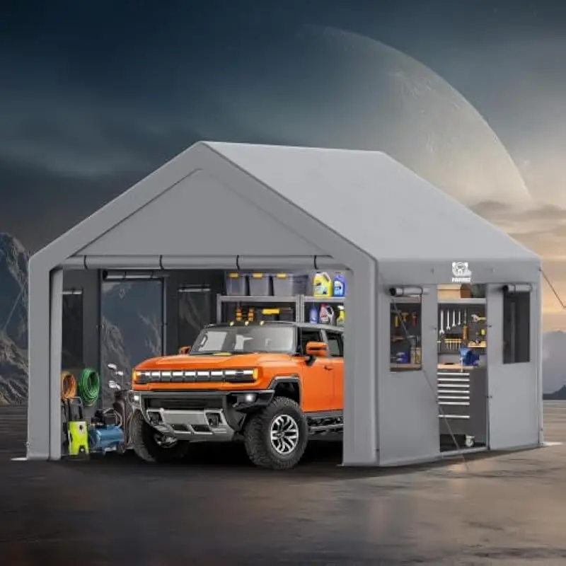 13x20 ft all-weather vehicle shelter with reinforced steel frame triple-layer waterproof PE canopy UV-resistant silver undercoat