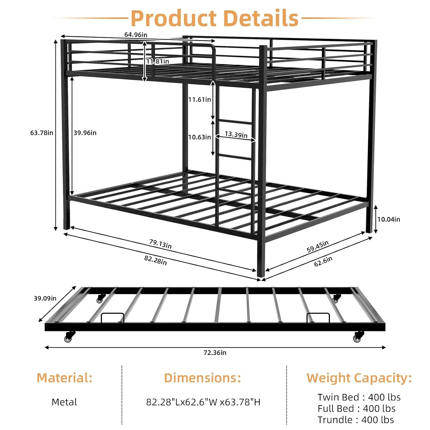 Queen Over Queen Metal Bunk Bed with Twin Trundle, Heavy-Duty Frame, Ladders, Noise Free, Black, Customized