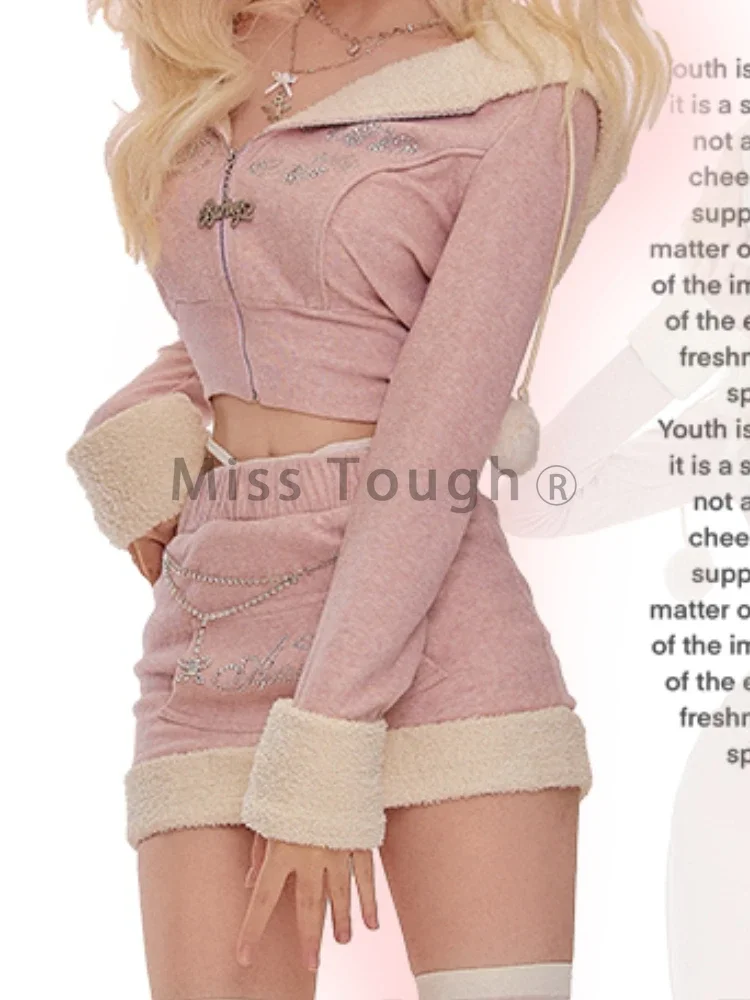 Winter Pink Kawaii Sets for Women 2 Pieces Warm Hooded Coat + Sweet Skirt Female Casual Korean Fashion Design Chic Set 2024 New