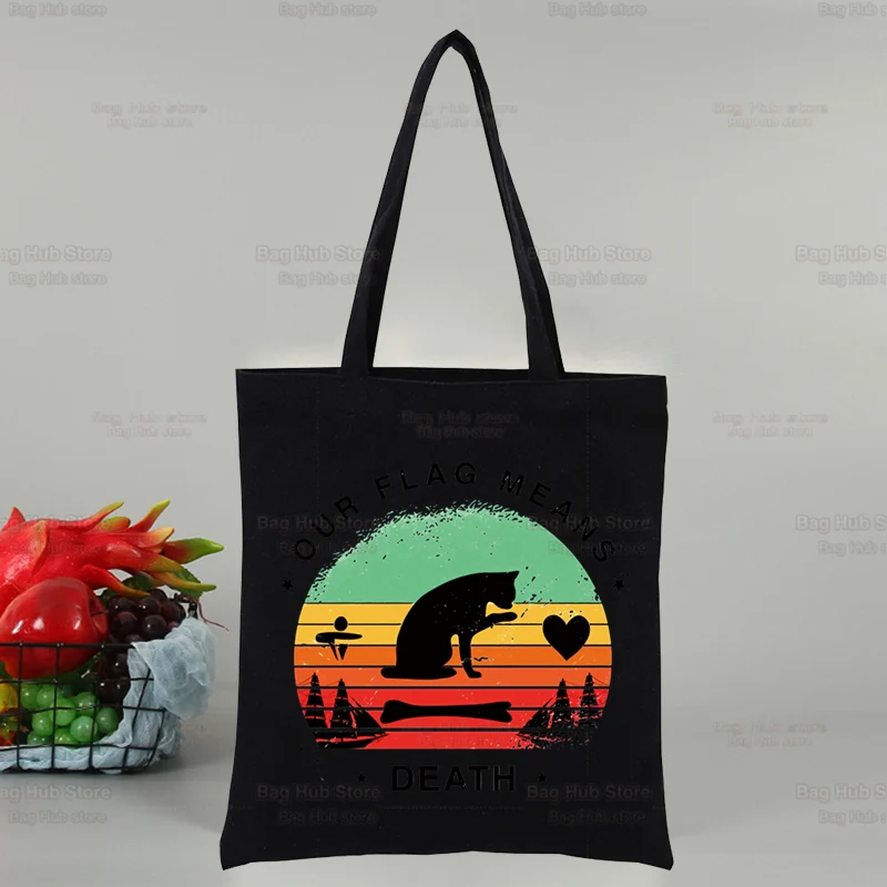 La nostra bandiera significa Death Cat Flag Print Canvas Tote Black Bags Harajuku Casual Female Girl Tote Eco Shopper borse a tracolla