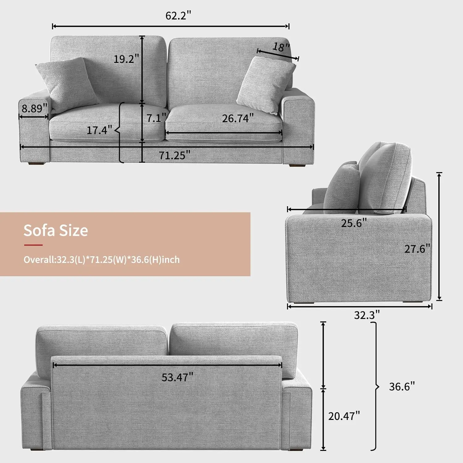 Modern living room lounge chair sofa, detachable sofa cover and solid wood frame, easy to install (71.25 inches, light gray)