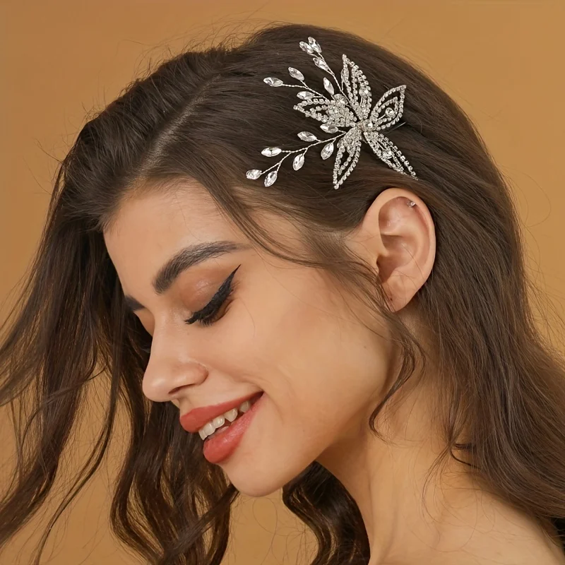 Rhinestone Crystal Hairpin Silver Color Flower Leaf Hair Pin Clip For Women Party Bridal Wedding Hair Accessories Jewelry Pin
