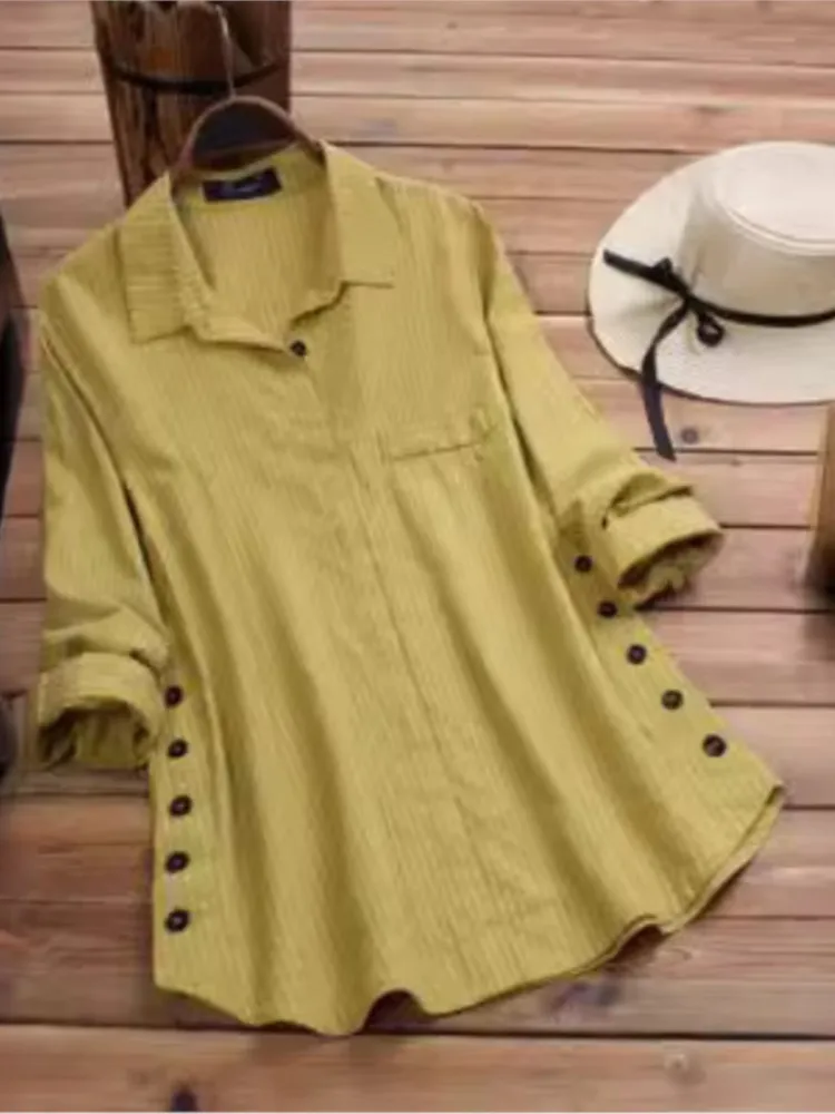 

Spring Autumn New Women's Solid Color Fashion Stripe Button Cotton Hemp Fake Pocket Casual Long Sleeve Long Shirt
