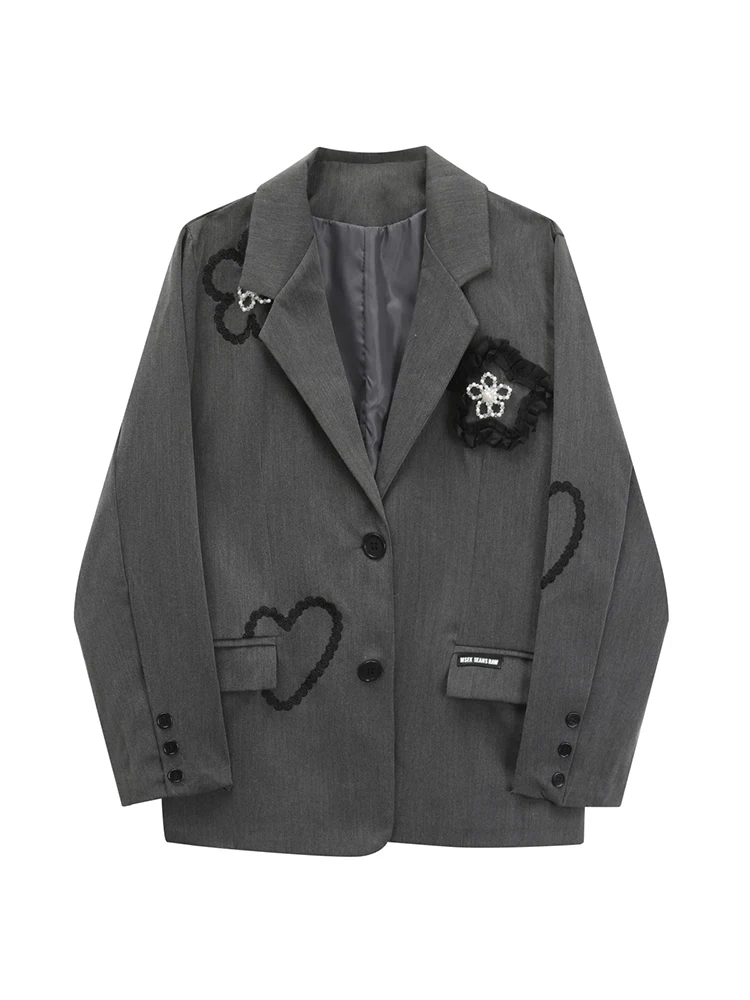 

BJTZ Women Gray Three-dimensional Flower Heart Embroidery Blazers Suit Women Loose Casual Beading Jacket Coats Outerwear 2024