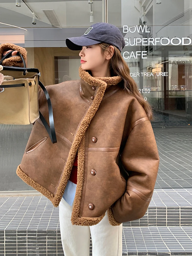 

Autumn Winter New Sle Women's ort Lamb Fur Jaet Double Sided Leather And Fur Inteated Motorcycle Design Commute Sle