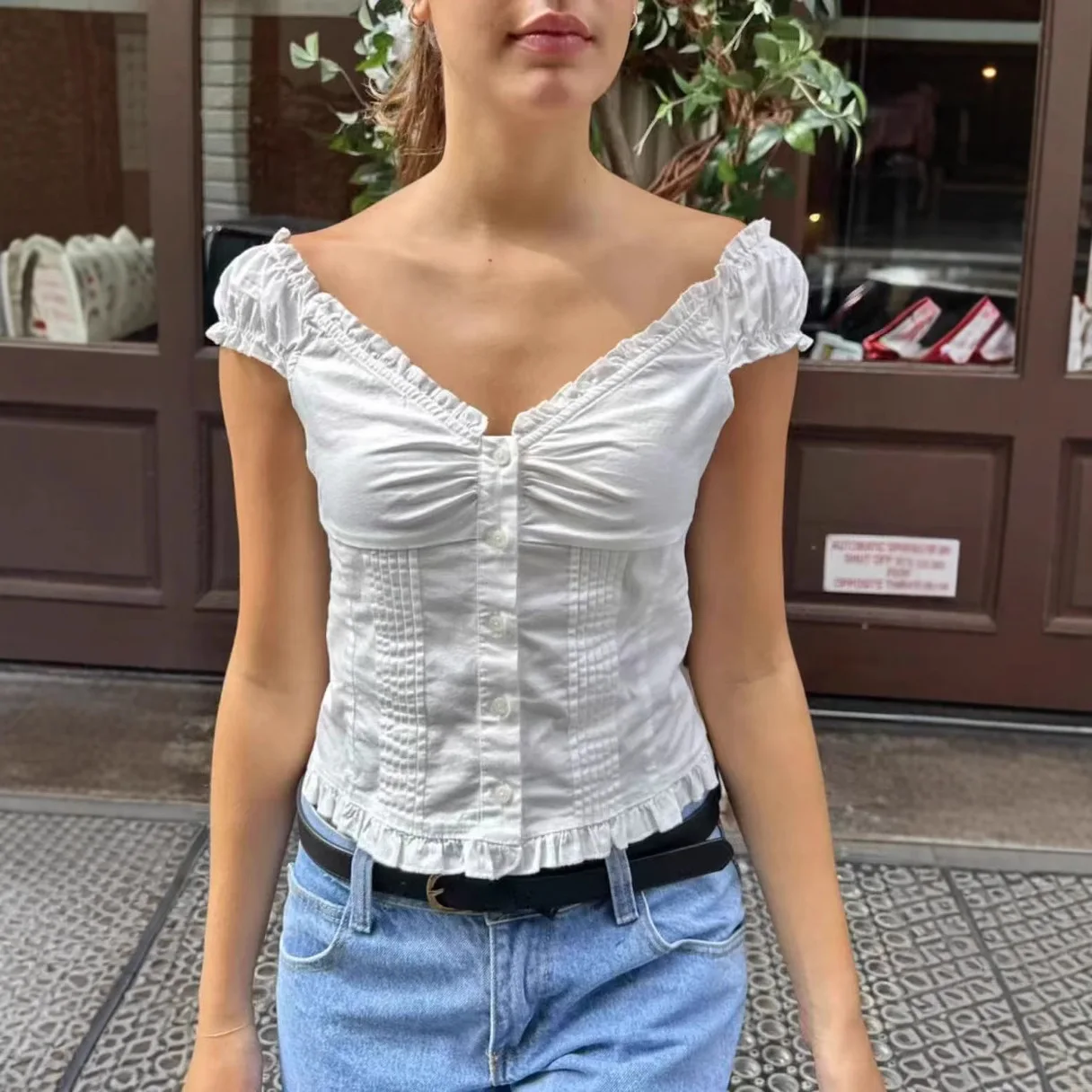 

American Pleated College Cardigan Top V-neck Waist Women's Short-sleeved Shirt