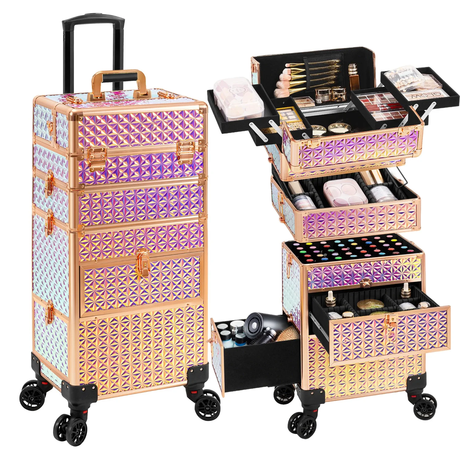 กระเป๋าเครื่องสำอางแบบมีล้อพร้อมลิ้นชัก 3 ชั้น สำหรับช่างแต่งหน้าและช่างทำเล็บ
