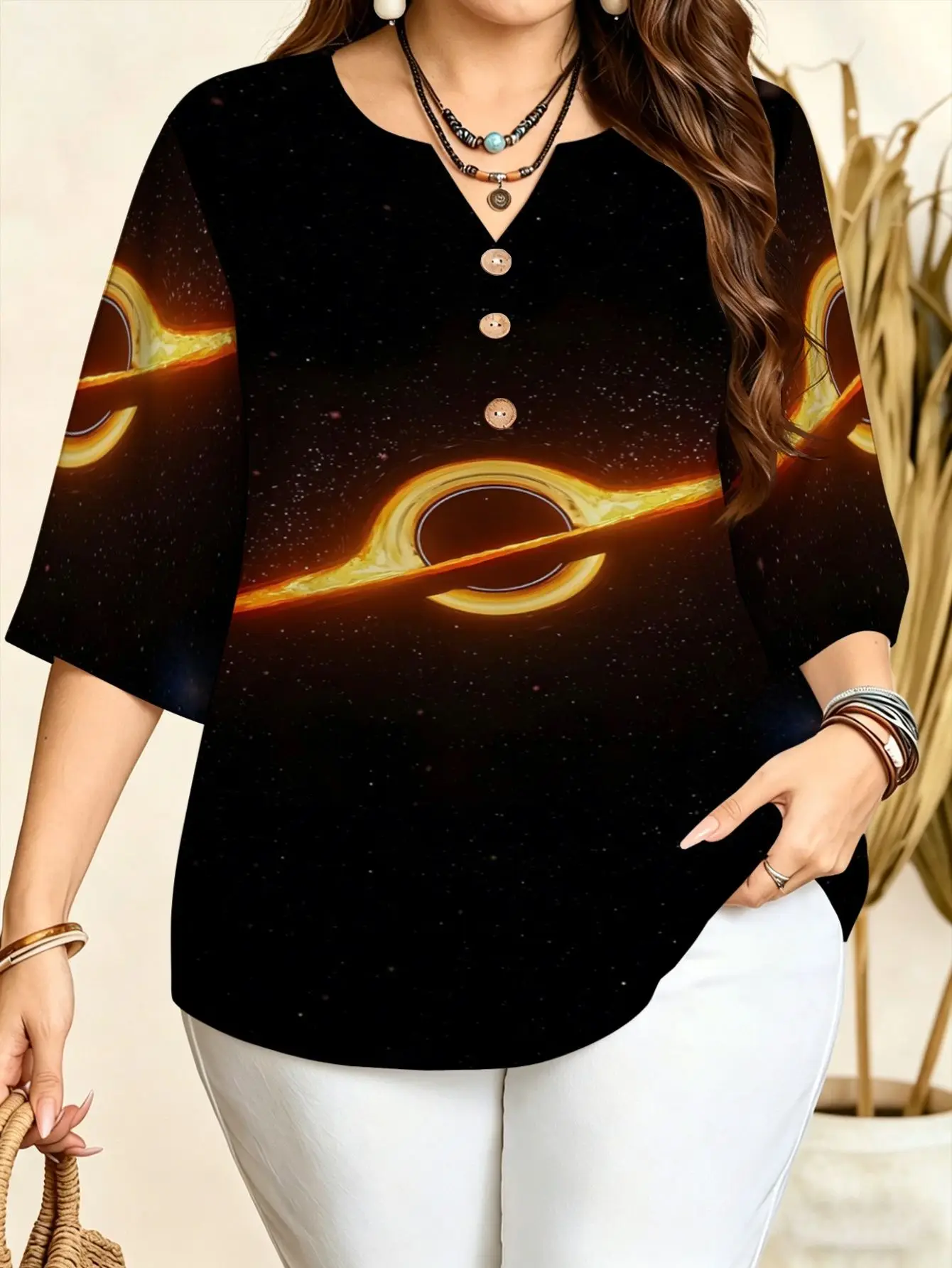 Plus Size Notch V Neck Blouse 3 Decorative Buttons 3/4 Sleeve Abstract Lady Face Art Print Loose Fashion Women Casual