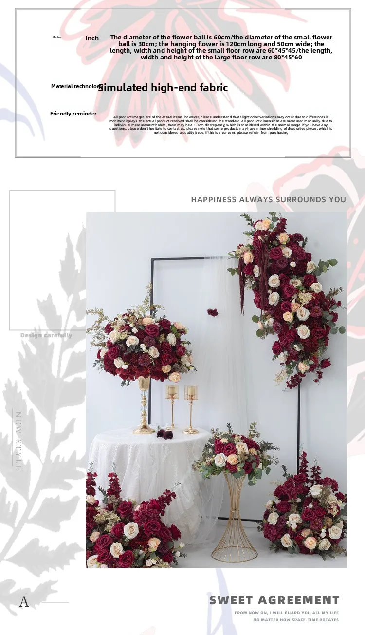 80CM Tiefrote Künstliche Blumenkugel Hochzeits-Hintergrundbogen Blumenarrangement Tischdekoration Event-Party-Dekor für den Großhandel – Detail 9