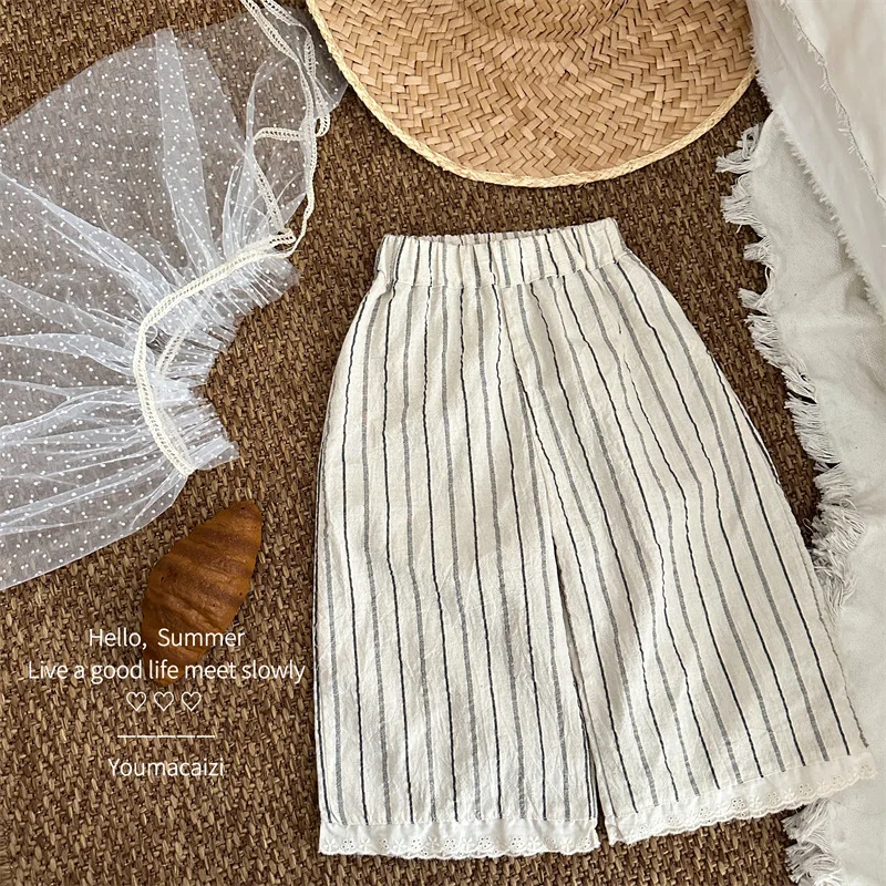 

Spring and Summer New Children's Simple Vertical Striped Pants for Girls and Baby Korean Version Lace Elastic Waist Pants