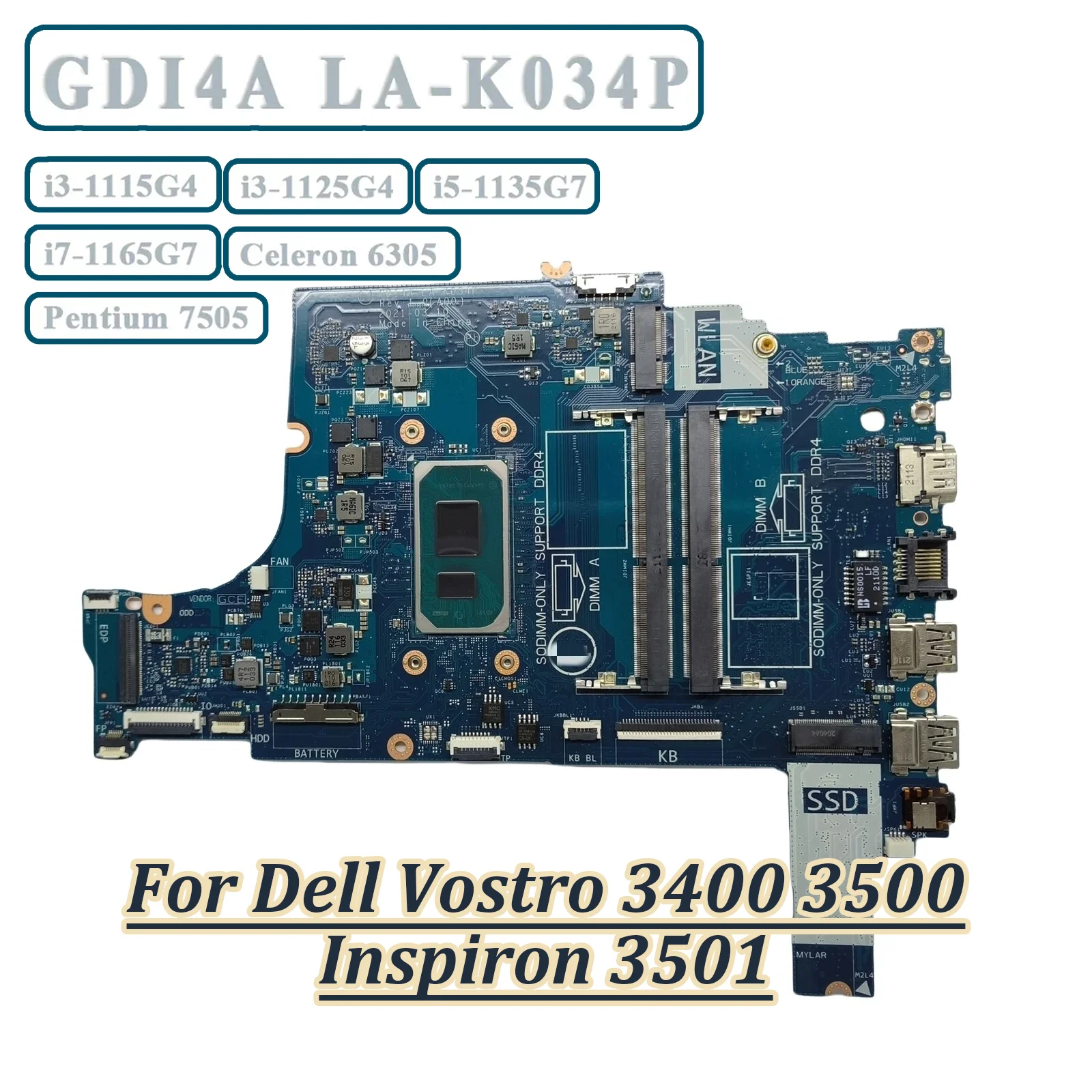LA-K034P para Dell Vostro 3400 3500 Inspiron 3501, placa base para ordenador portátil, CPU i3/i5/i7-11th/Pentium 7505 Celeron 6305