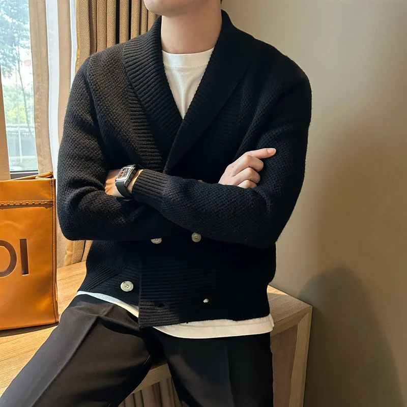 Vintage Heavy Weight Knitted Cardigan For Men Shawl Collar Double Breast Knitwear Autumn Winter Warm Sweater Streetwear XJ35