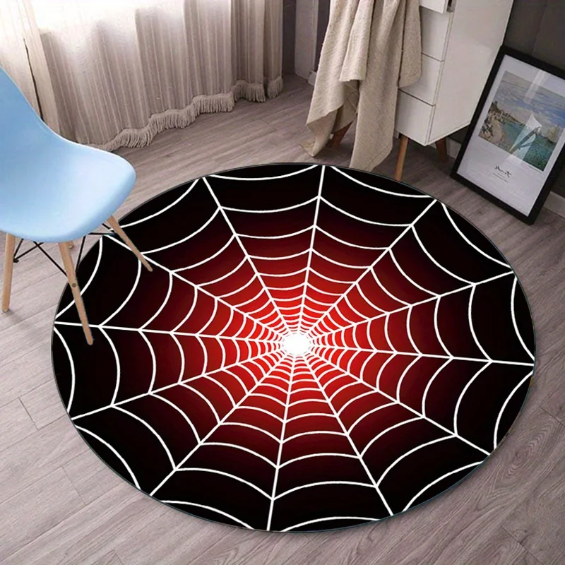 Spider webeffect round rug horror theme living room floor mat red blackdesign anti slip indoor carpet for Halloween or game room