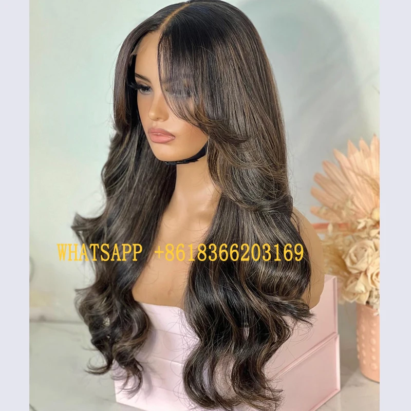 Highlight Human Hair Brown Bayalage Curtain Bangs 360 Lace Frontal Wigs Natural Hairline Full Lace Wigs Top Hair with Baby Hair