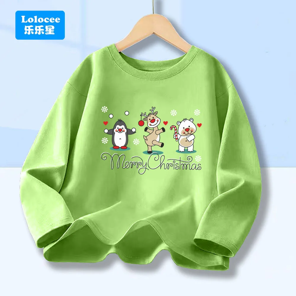 Christmas Gift Boys Cotton Long Sleeve Tee Cute Cartoon Animal Print Merry Christmas Children Casual Crew Neck T‑Shirt