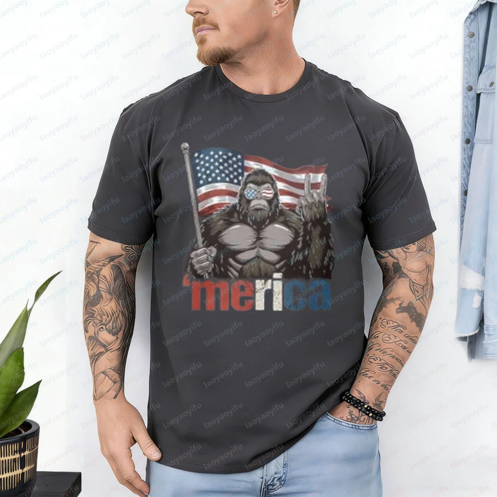 4th of July T-Shirt Gorilla American Flag Design Tops Patriotic Heritage Cotton Tee Funny Vintage Classic Fashion Man Streetwear