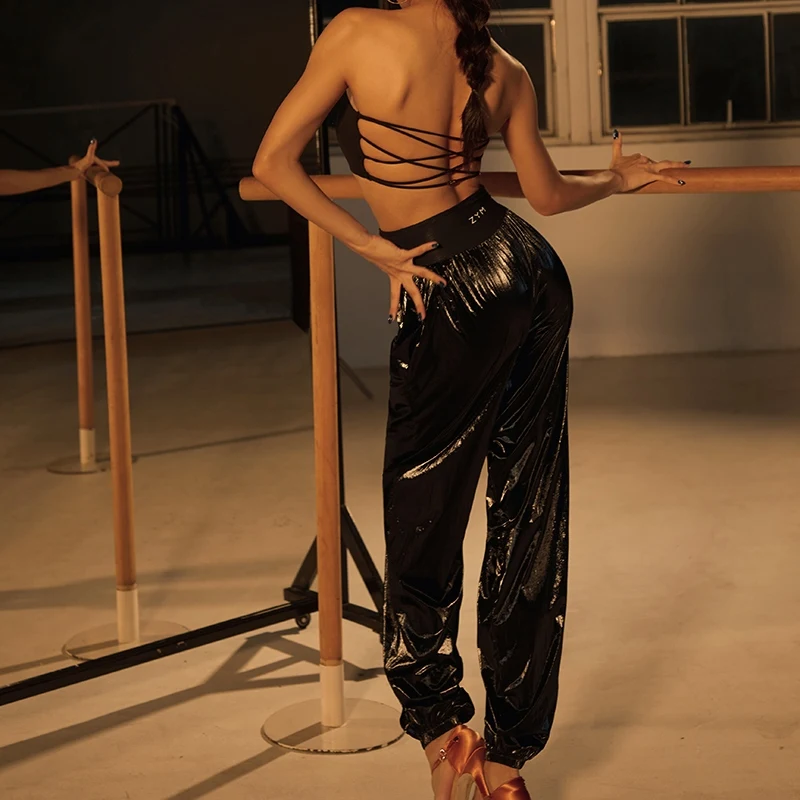 ZYM جديد الرقص اللاتينية السراويل النساء عالية الخصر لامعة سوداء فضفاضة السراويل تشاتشا رومبا الرقص ممارسة ارتداء ملابس التدريب NV25393