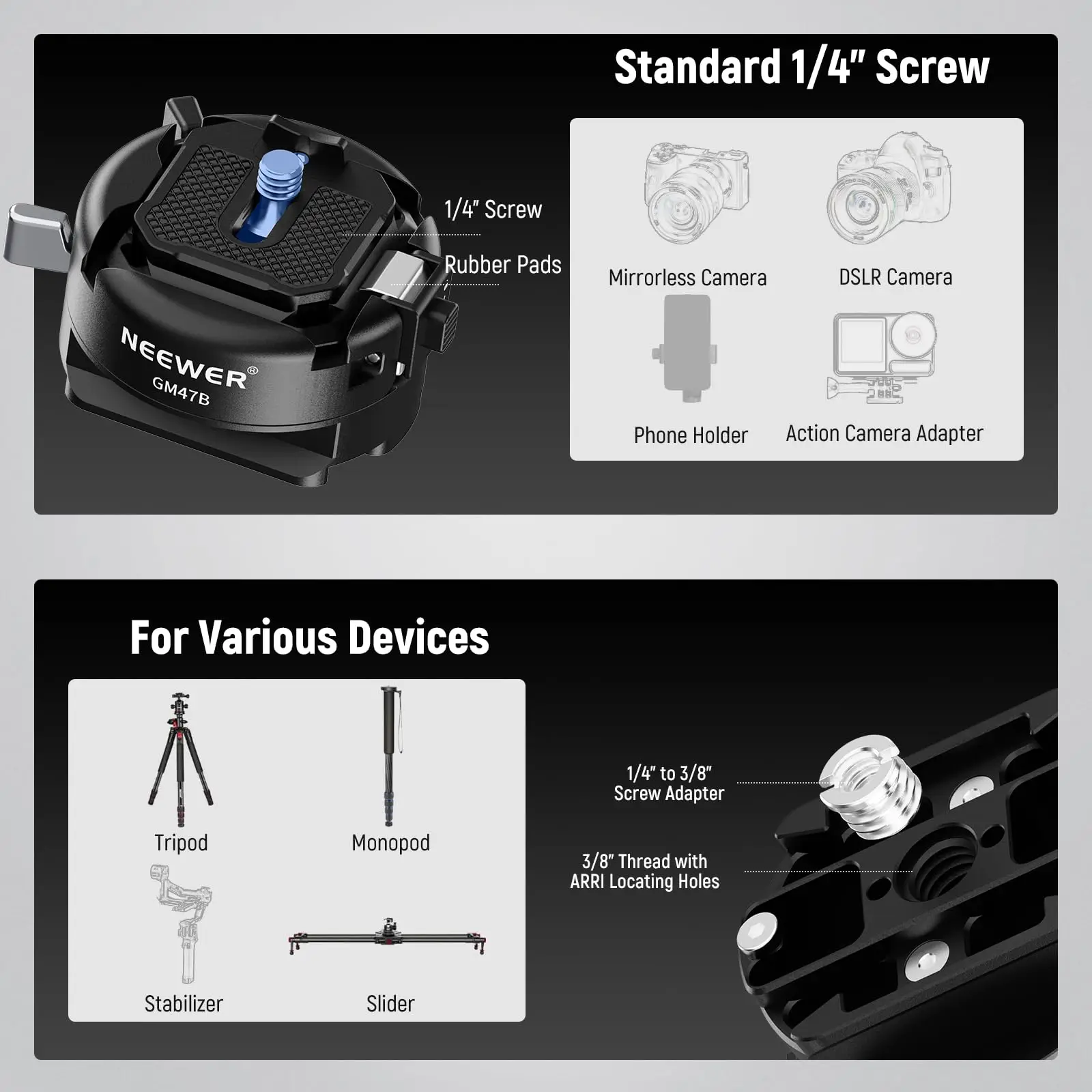 Neewer GM47 Quick Release Plate Kit Compatible with Arca Swiss DJI Ronin RS 4 Pro RS 3 RS 2 Peak Design Capture V3 Camera Clip