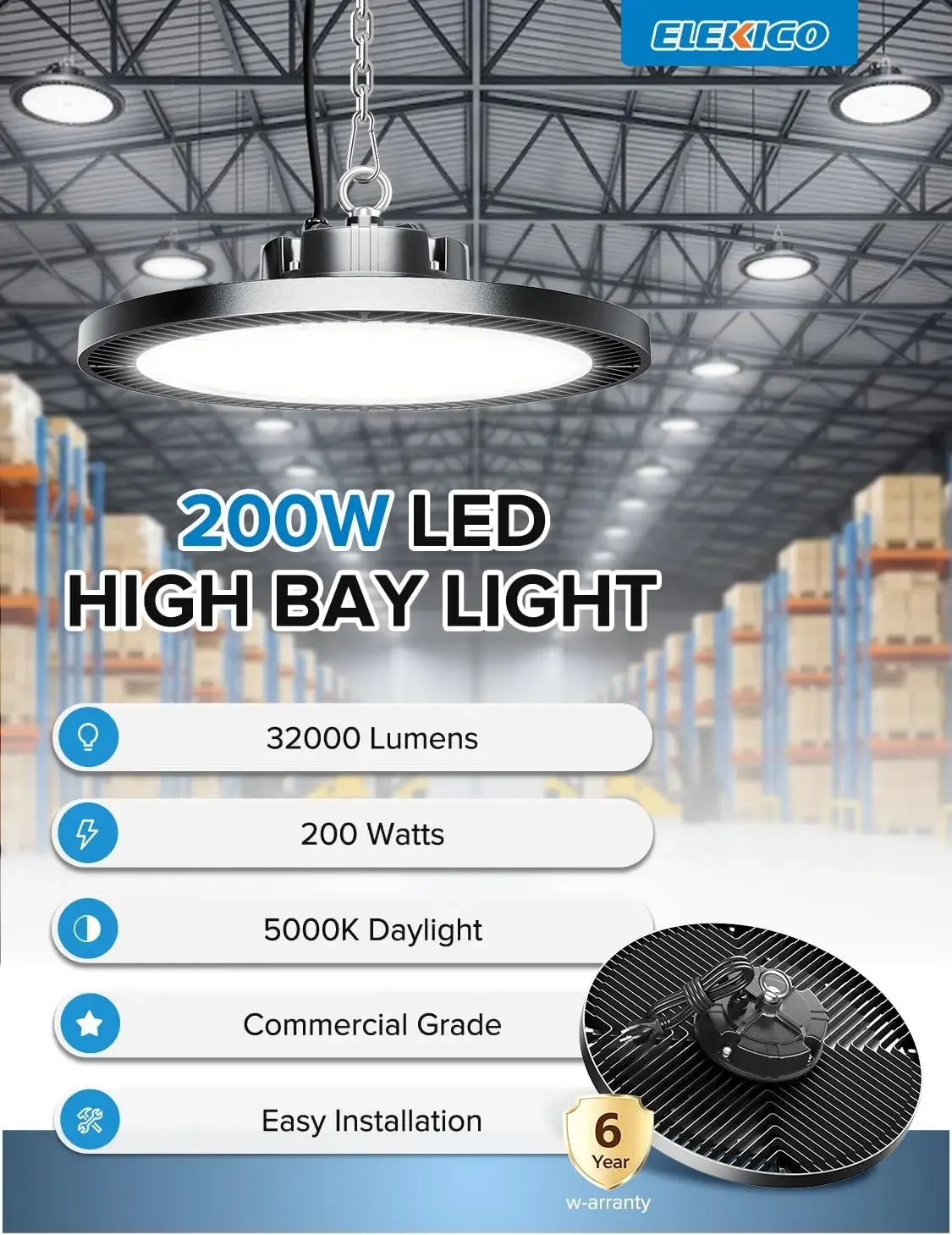 200W Highbay Led Shop Light 32000LM 5000K 110V-277V Shop Lighting | Industrial-grade UFO LED High Bay Light for Upgrade auto Sho