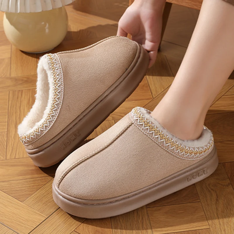 Winter Women Plush Inside Warm Home Slippers Faux Suede Thick Sole House Cotton Shoes Woman Outdoor Non Slip Warm Slipper Shoes