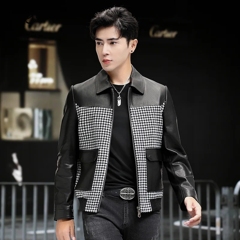 Tcyeek Semi Vegetable Tanned Sheepskin Spliced Woolen Coats Men Leather Jacket Fashion Houndstooth Mens Jacket 2026 Autumn 가죽점퍼