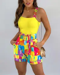 Casual Two Piece Sets Womens Outifits Fashion Chain Strap Sleeveless Tank Top & Colorblock Pocket Design Shorts Set With Belt