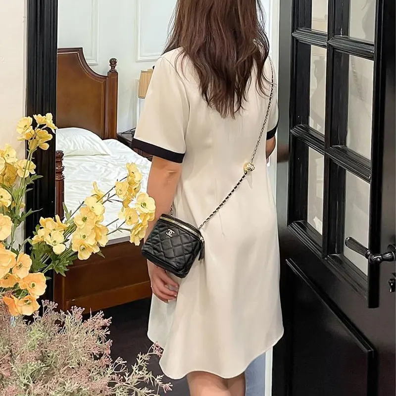 Korean Short Sleeve Basic Midi Dress Elegant V-Neck Women's Clothing Solid Color Spliced Summer Commute Single-breasted Dresses